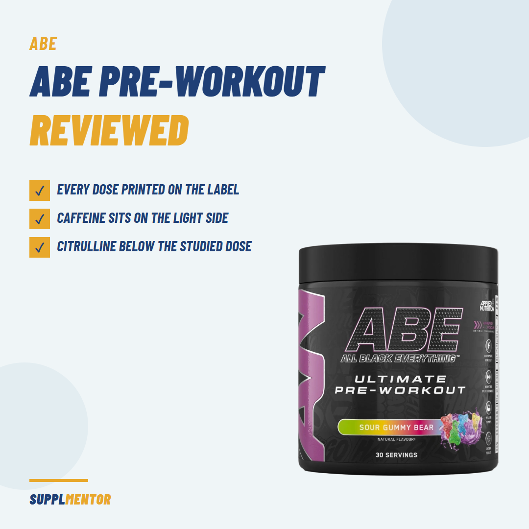 Applied Nutrition ABE pre-workout tub beside the headline ABE Pre-Workout Reviewed