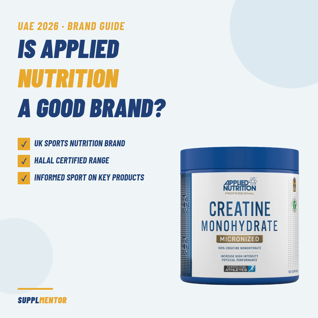 Is Applied Nutrition a good brand? UAE brand guide card with Applied Nutrition Creatine Monohydrate: UK sports nutrition brand, halal certified range, Informed Sport on key products