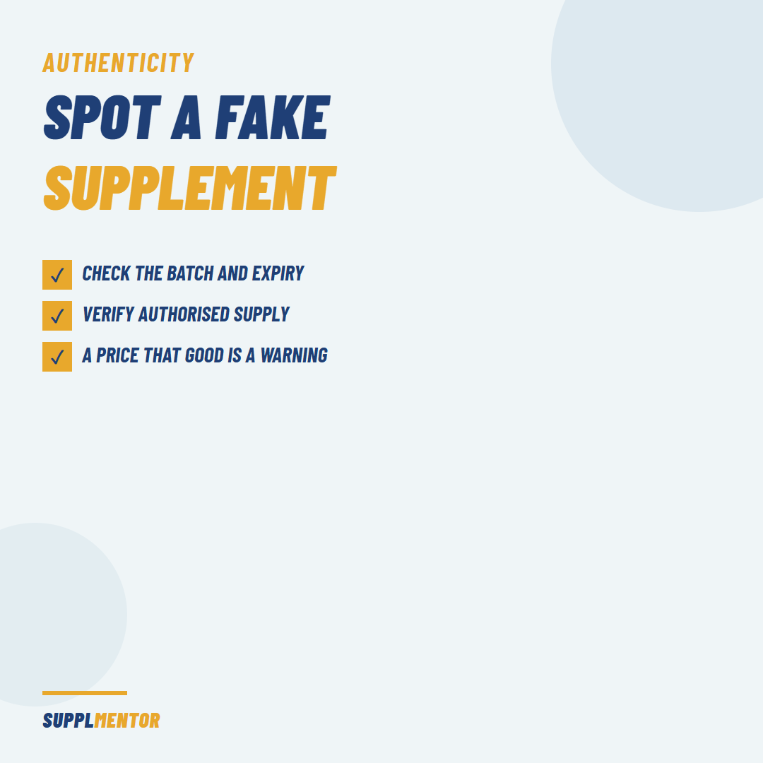 Checklist card showing how to spot a fake supplement in the UAE: check the batch and expiry, verify authorised supply, and treat an unusually good price as a warning sign
