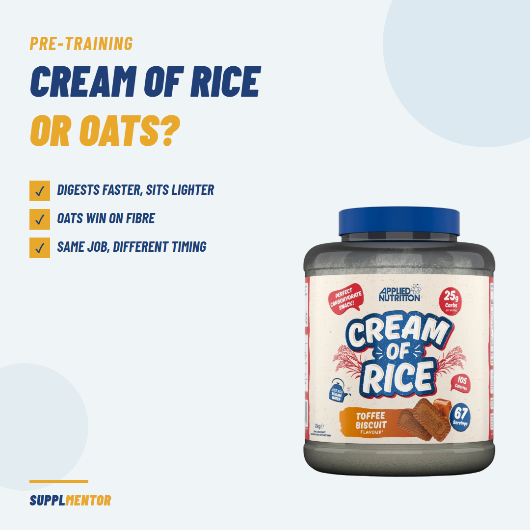 Applied Nutrition Cream of Rice tub beside the question cream of rice or oats, with the points digests faster and sits lighter, oats win on fibre, same job different timing