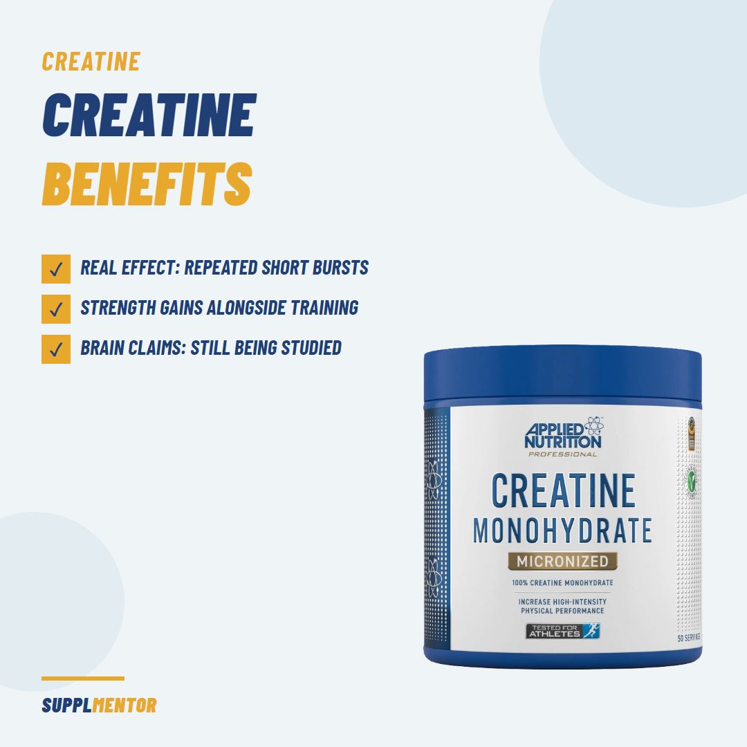 SupplMentor card: creatine benefits - real effect in repeated short bursts, strength gains alongside training, brain claims still being studied