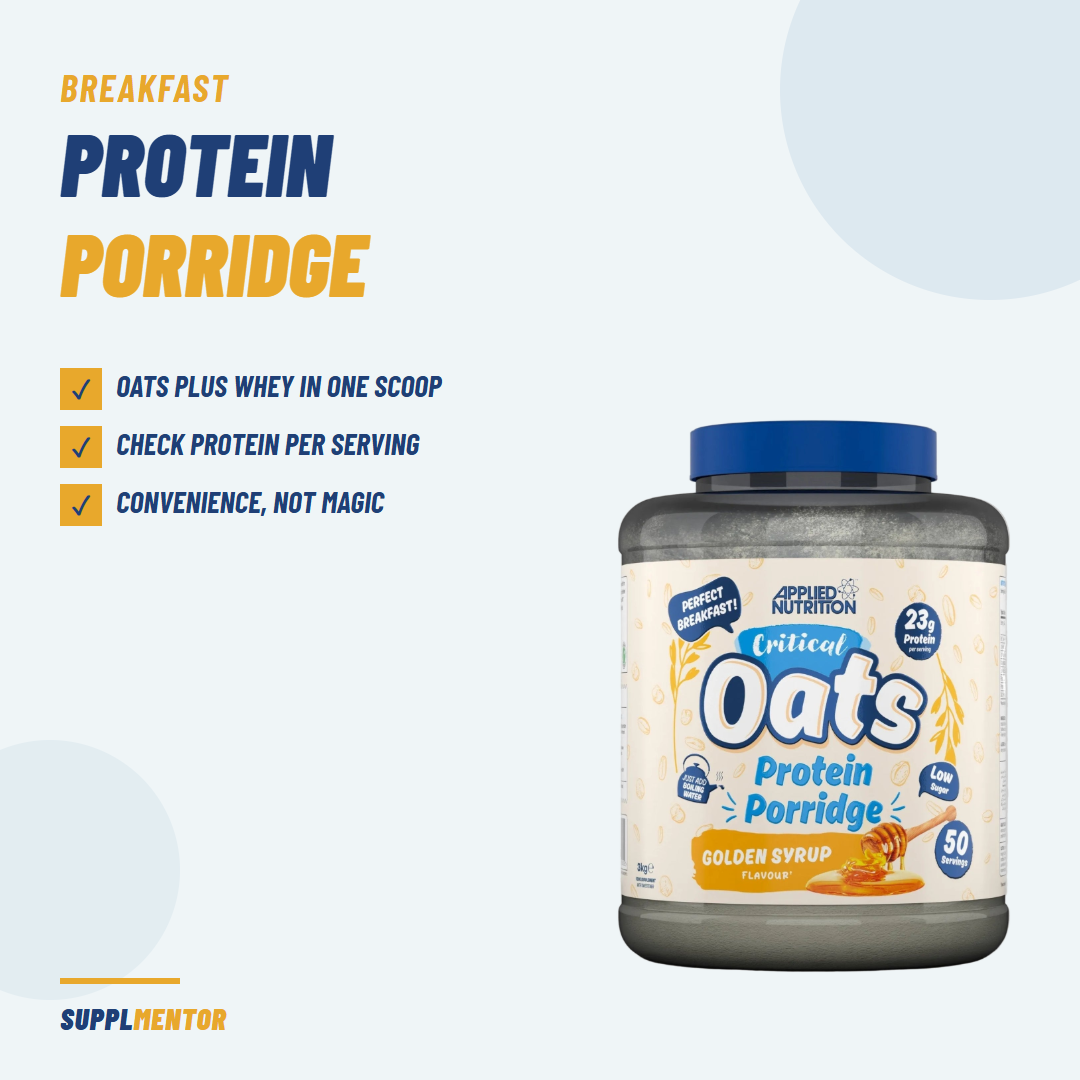 Applied Nutrition Critical Oats Protein Porridge tub beside the points that oats plus whey come in one scoop and protein per serving is the number to check