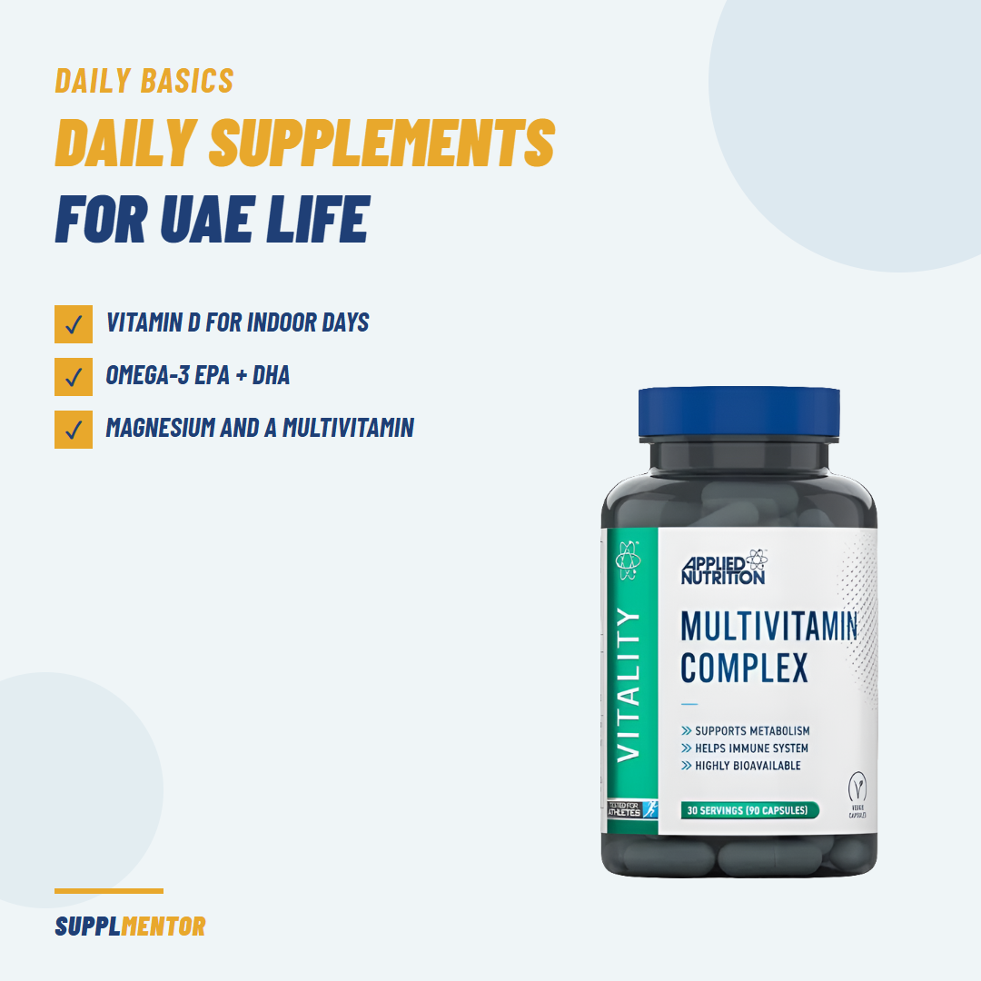 Daily supplements UAE guide card — vitamin D, omega-3, magnesium and Applied Nutrition Multi-Vitamin Complex