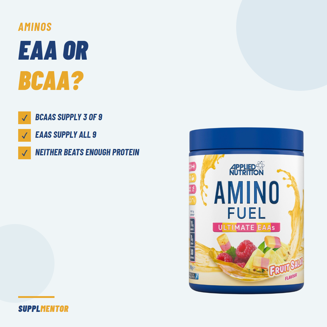 Applied Nutrition Amino Fuel EAA tub beside the headline EAA or BCAA