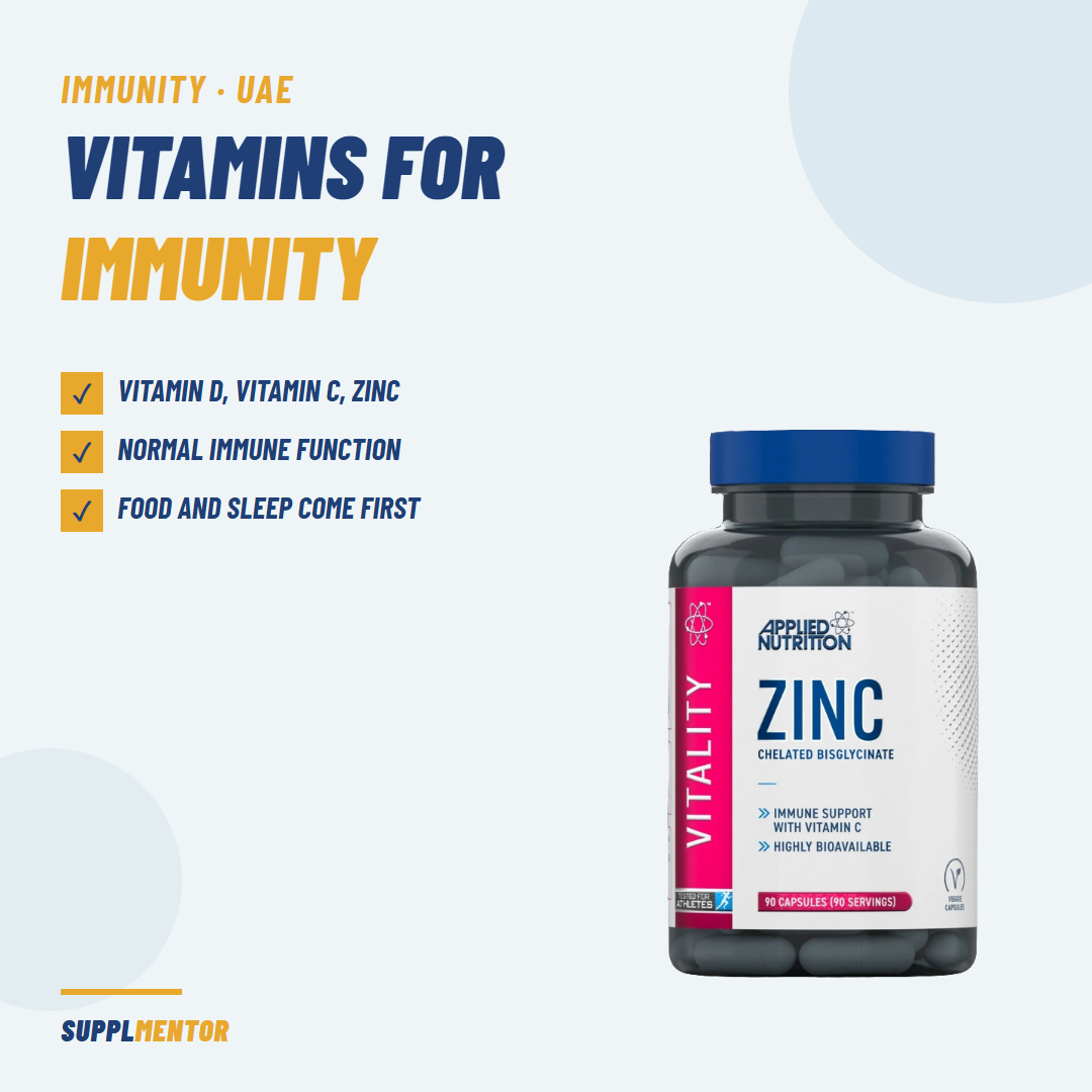 Best vitamins for immunity in the UAE: vitamin D, vitamin C and zinc for normal immune function. Applied Nutrition Zinc with Vitamin C