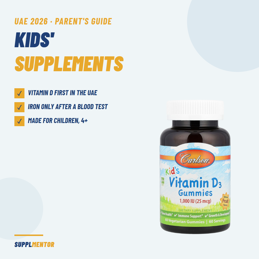 Kids' supplements in the UAE 2026 parent's guide: vitamin D first, iron only after a blood test, Carlson Kid's Vitamin D3 Gummies