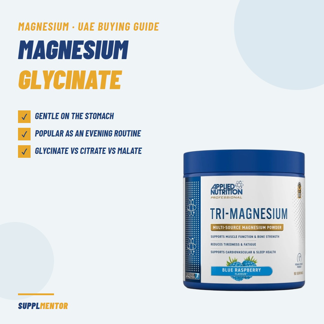 Magnesium glycinate UAE buying guide card with Applied Nutrition Tri-Magnesium powder