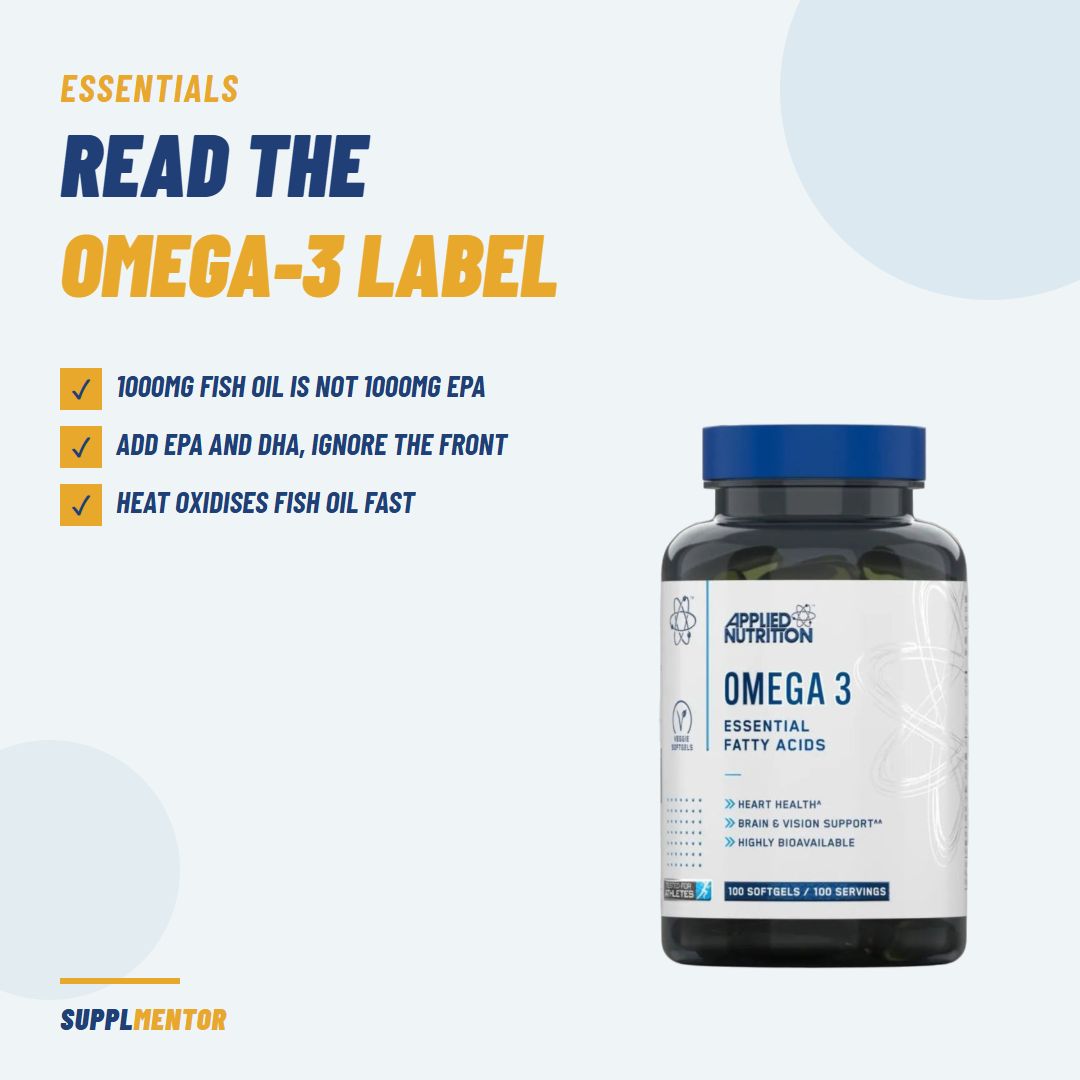 Applied Nutrition Omega 3 tub beside three notes: 1000mg fish oil is not 1000mg EPA, add EPA and DHA, heat oxidises fish oil fast