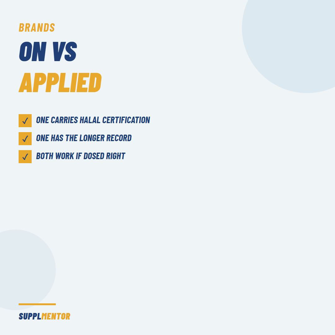 Optimum Nutrition vs Applied Nutrition UAE 2026 comparison card: one carries halal certification, one has the longer record, both work if dosed right