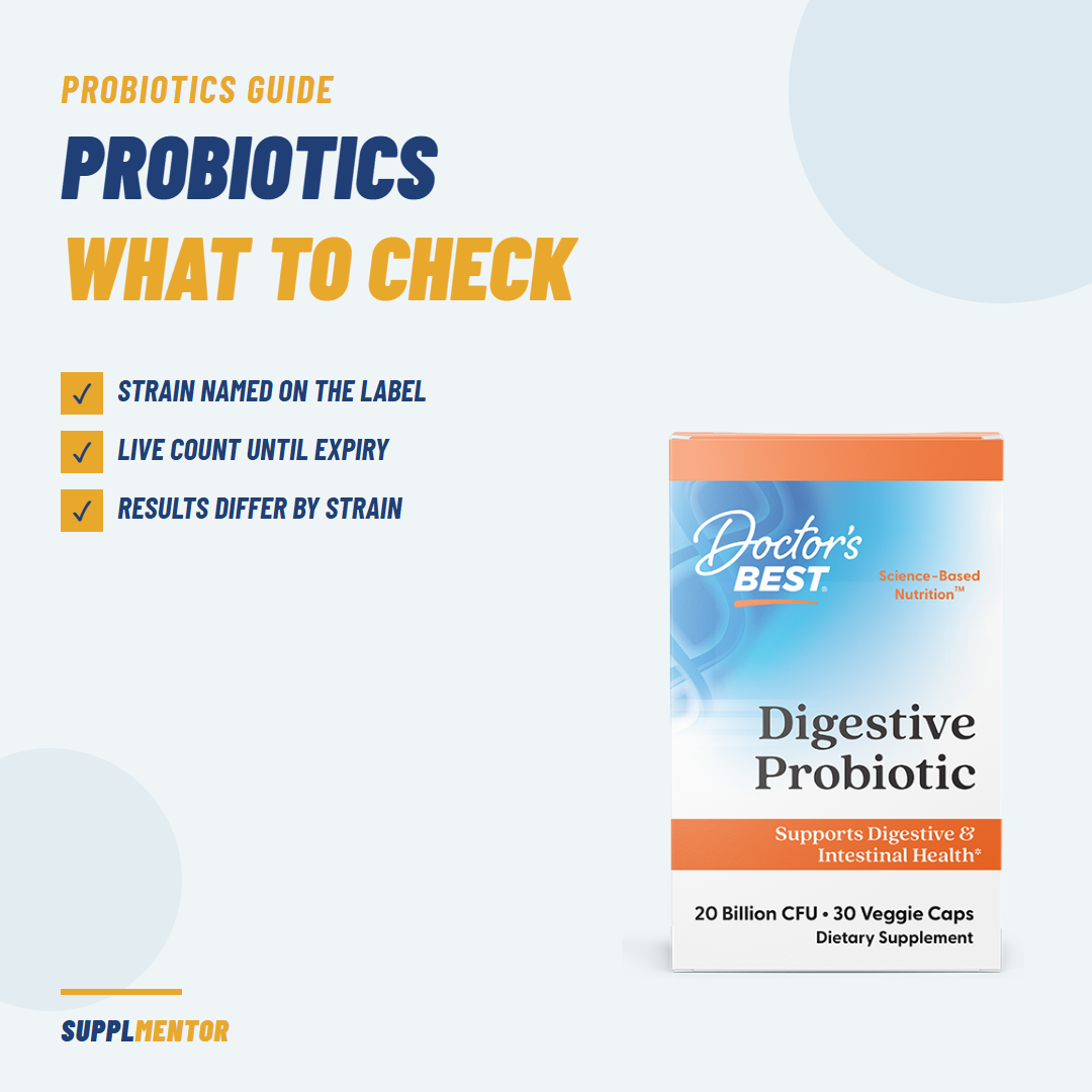 Doctor's Best Digestive Probiotic box beside the headline Probiotics: what to check