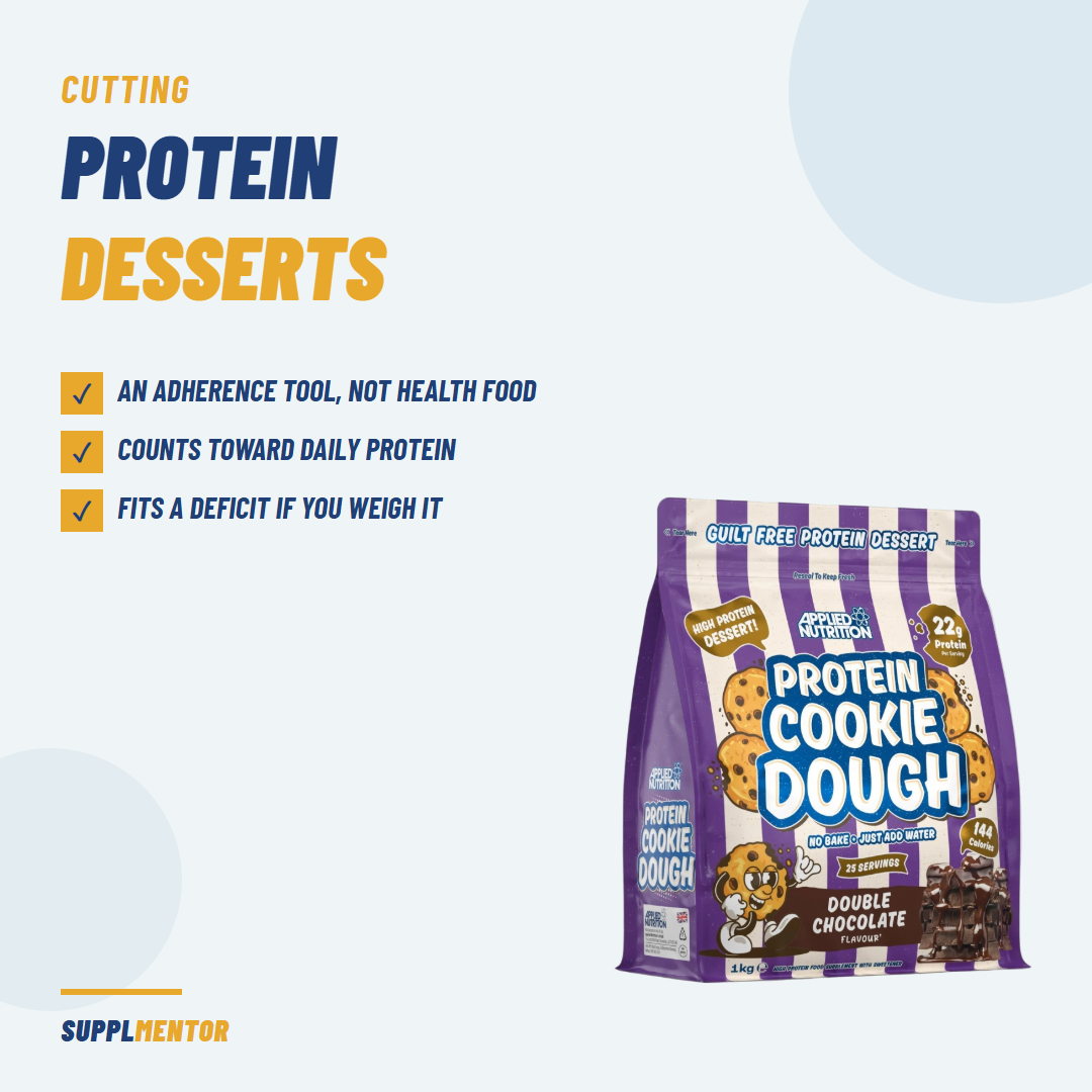Applied Nutrition Protein Cookie Dough Dessert pouch beside the points that protein desserts are an adherence tool, count toward daily protein and fit a deficit when weighed