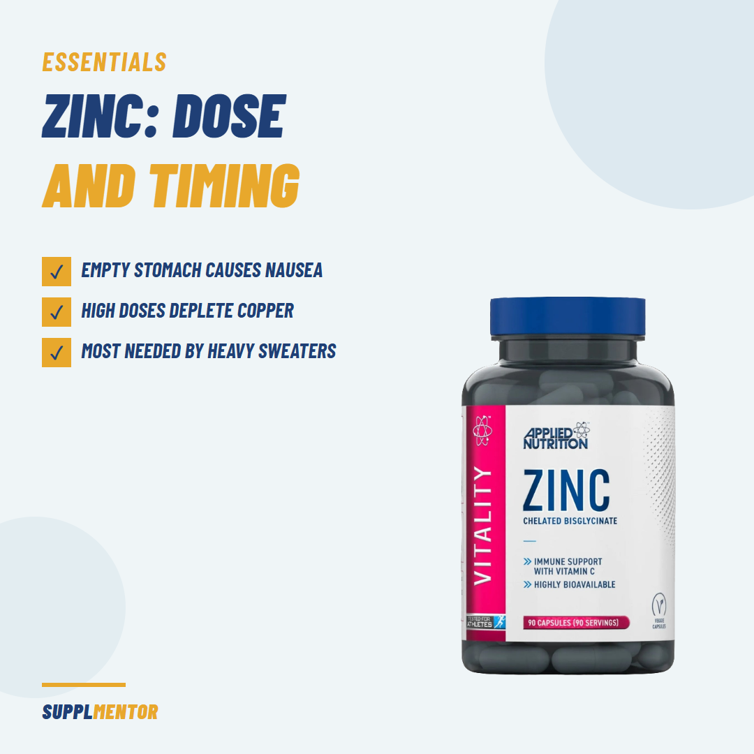 Applied Nutrition Zinc capsules beside three notes: empty stomach causes nausea, high doses deplete copper, most needed by heavy sweaters