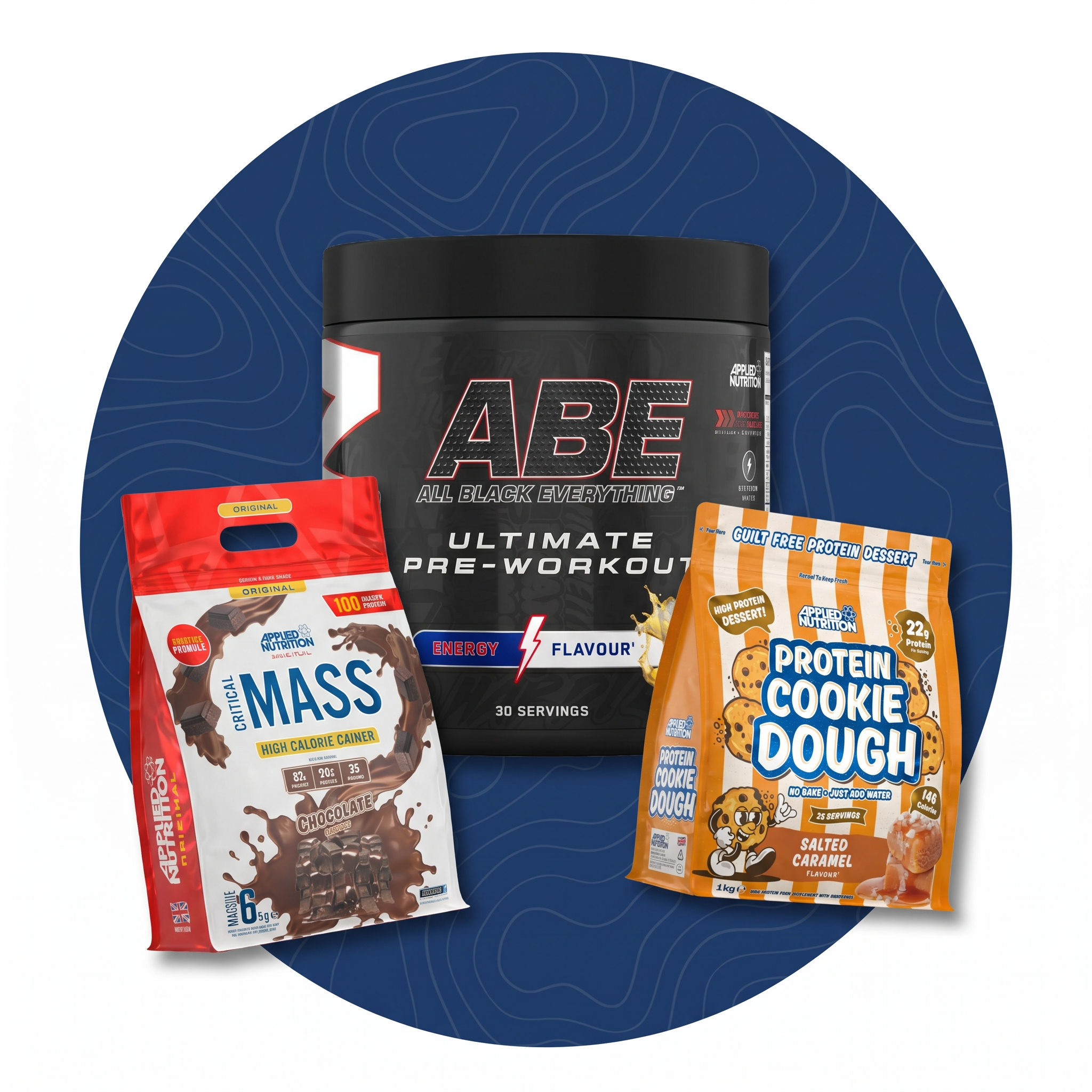 Bestselling supplements - ABE pre-workout, Critical Mass, Protein Cookie Dough