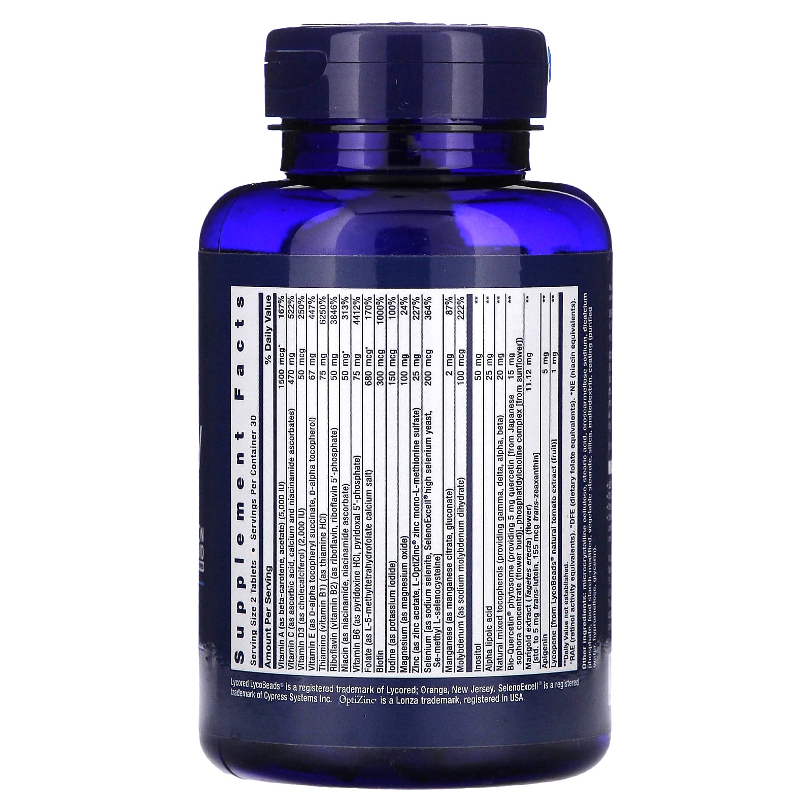 Life Extension Two-Per-Day Multivitamin supplement facts panel showing vitamins and minerals