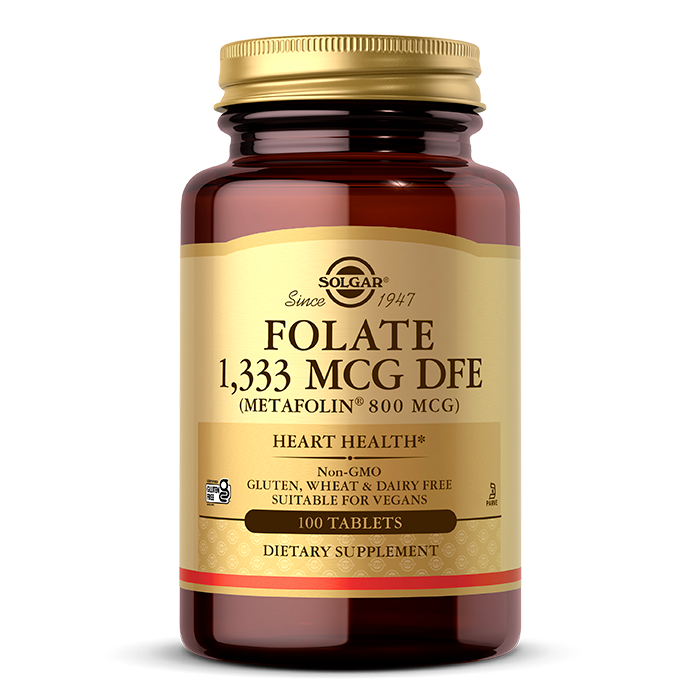 Solgar Folate 1333 MCG DFE Metafolin 800mcg front label, 100 tablets methylfolate supplement