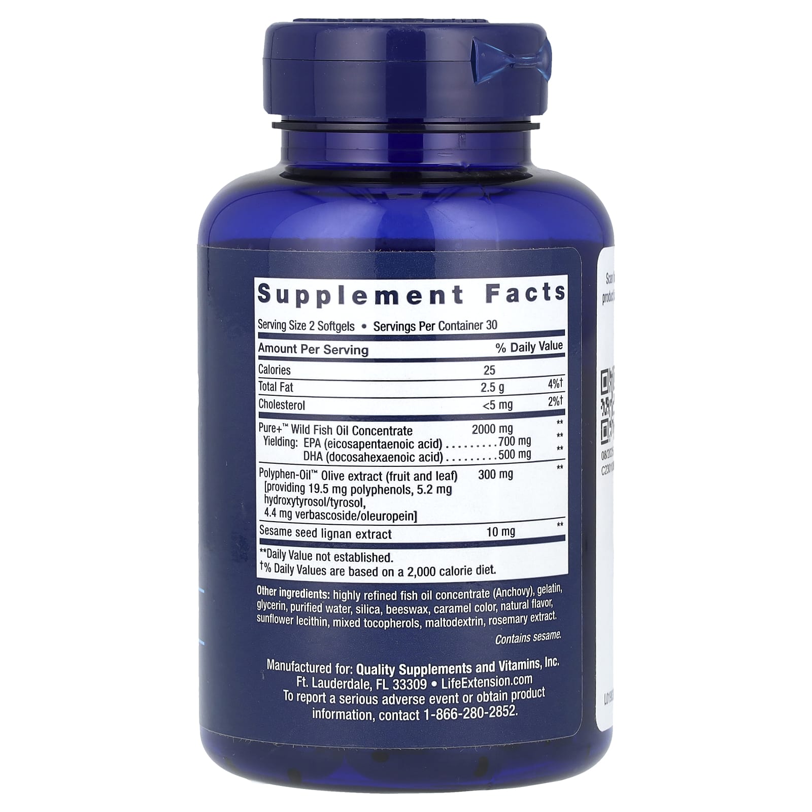 Life Extension Super Omega-3 fish oil softgels back panel with supplement facts label