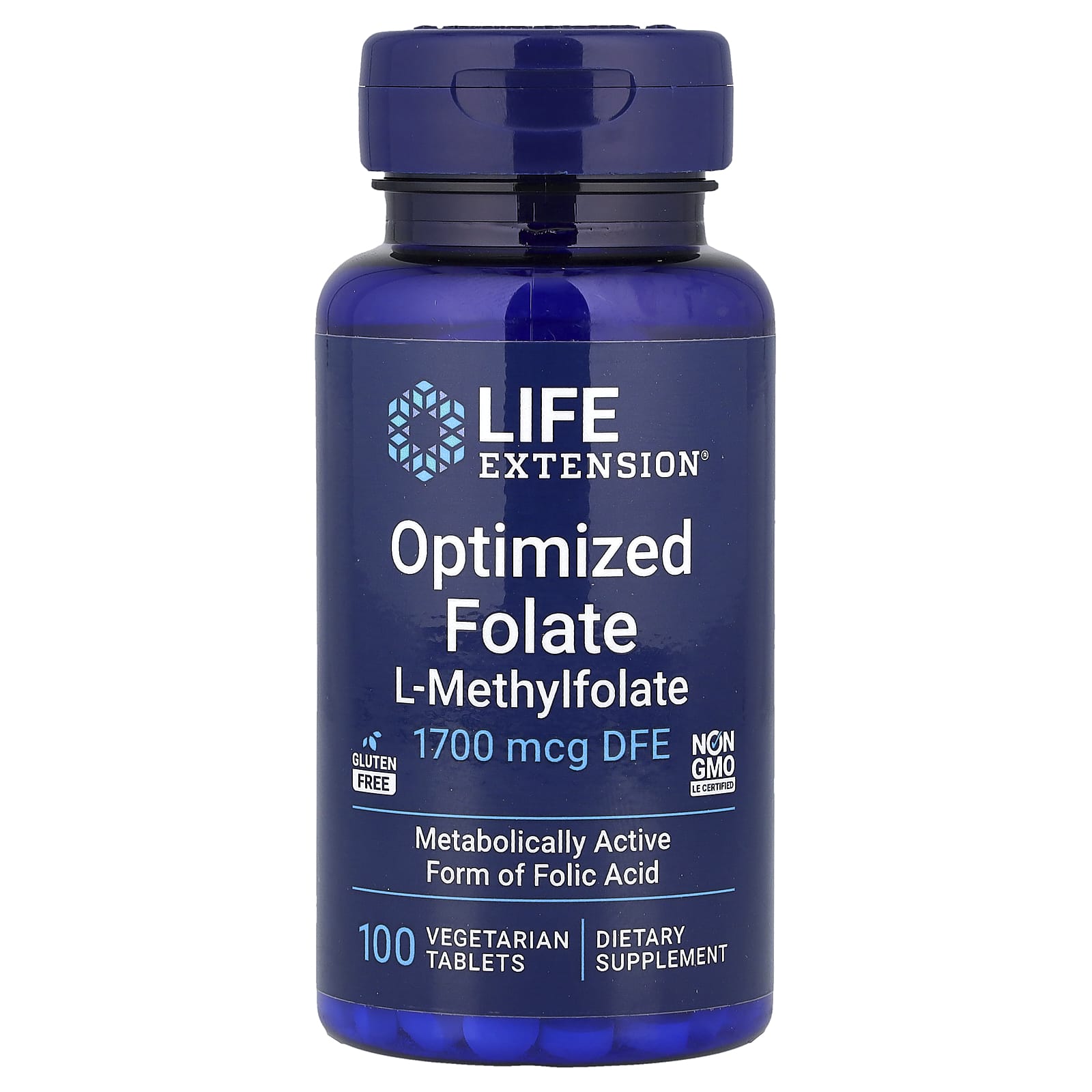 Life Extension Optimized Folate 1700 mcg DFE 100 vegetarian tablets bottle front