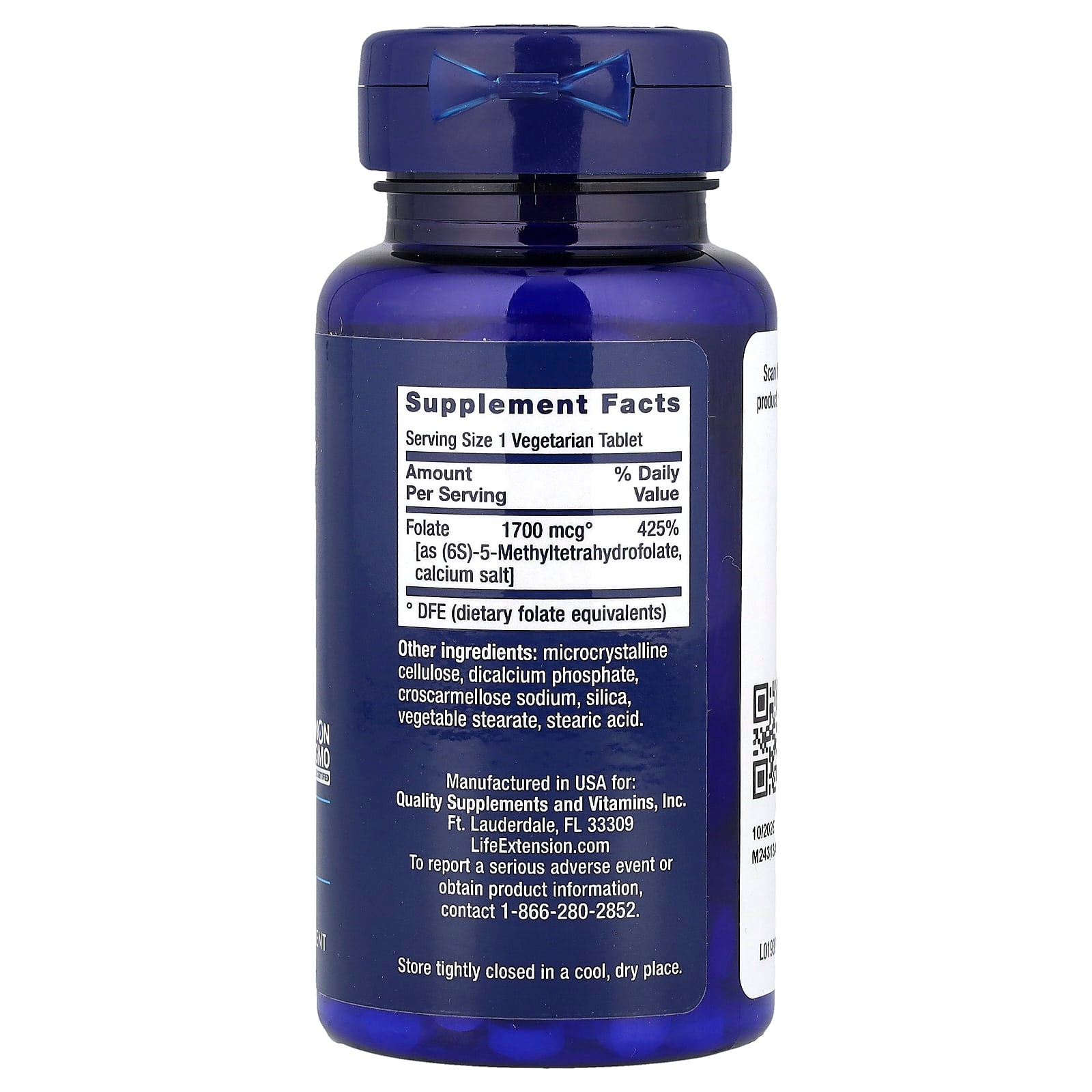 Life Extension Optimized Folate supplement label showing folate dosage and ingredients