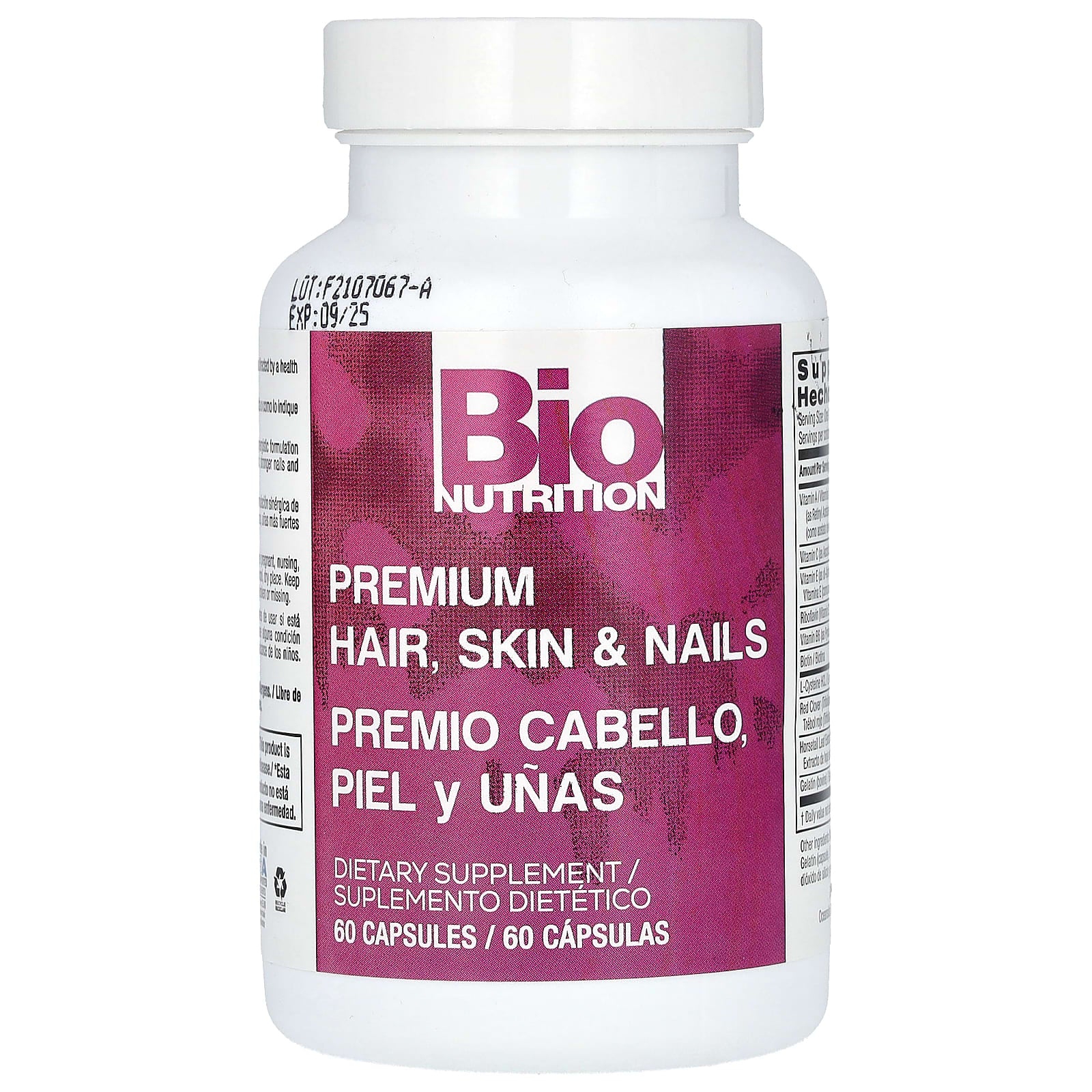 Bio Nutrition Premium Hair Skin and Nails supplement back label with full ingredient details