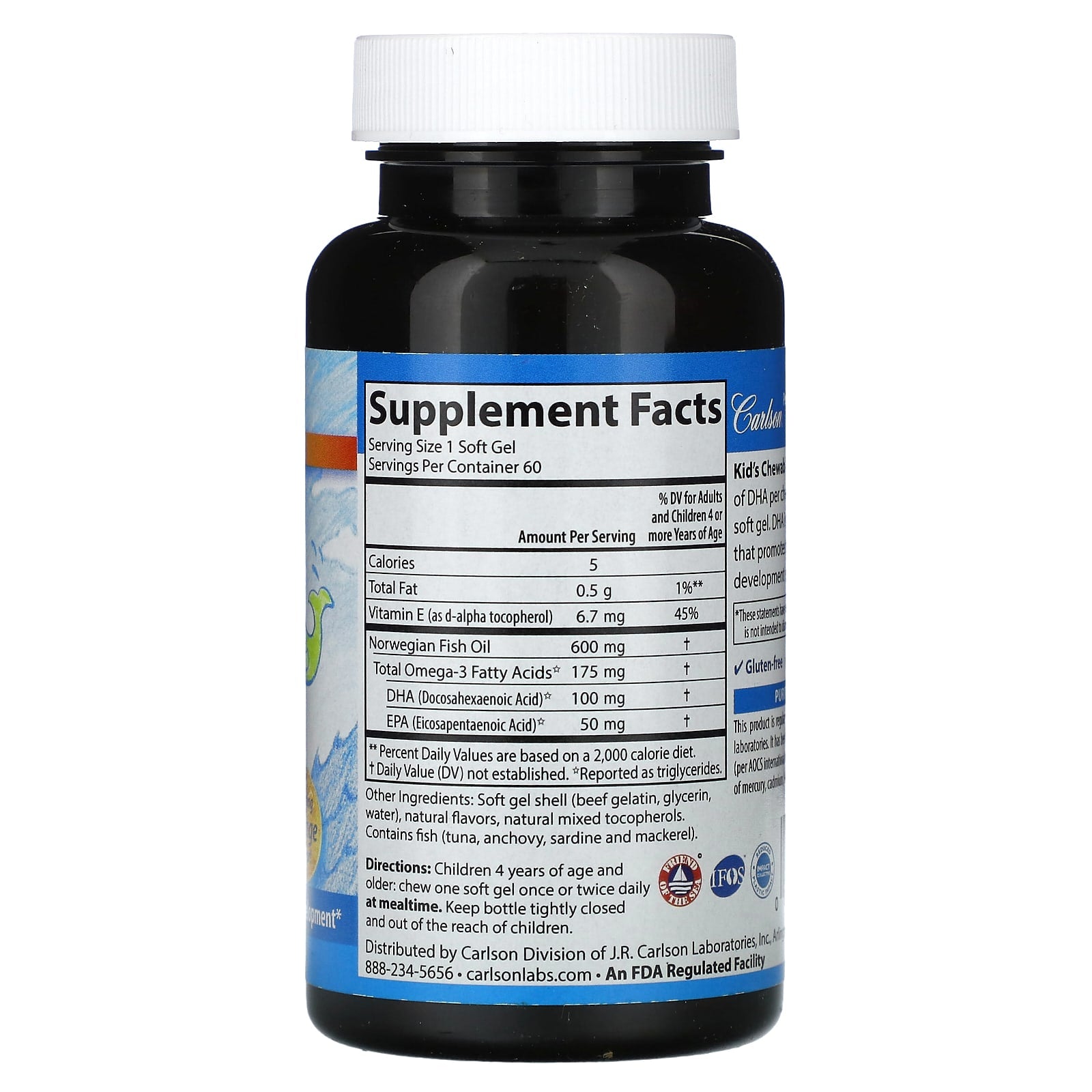 Carlson Kids Chewable DHA omega-3 soft gels back label with supplement facts and fish oil info