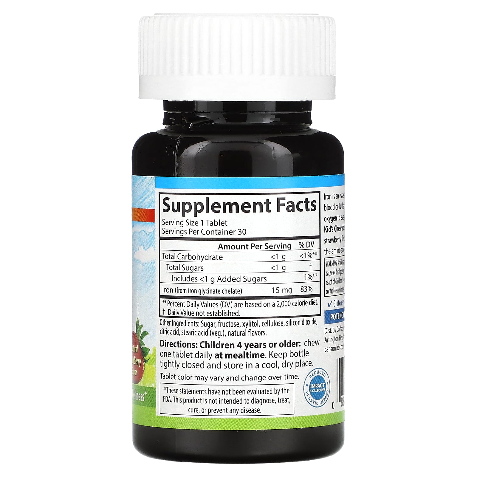 Carlson Kids Chewable Iron Strawberry tablets back label showing supplement facts and iron content