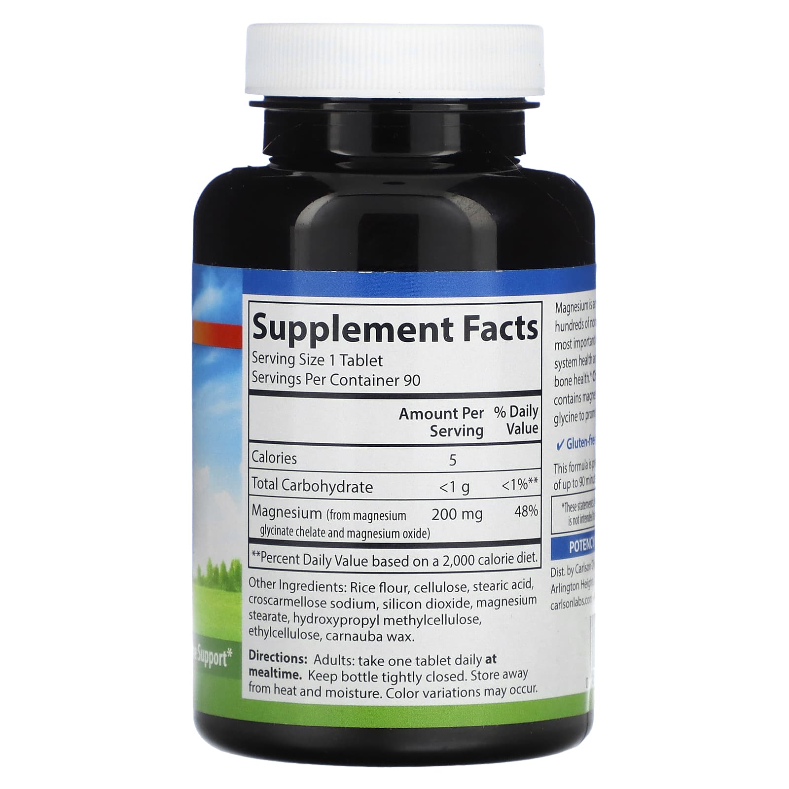 Carlson Chelated Magnesium Glycinate tablets back label with supplement facts and serving details