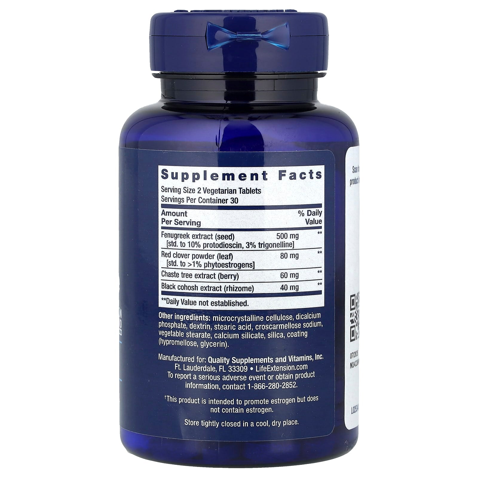 Life Extension Estrogen Balance Elite supplement facts label with ingredient details