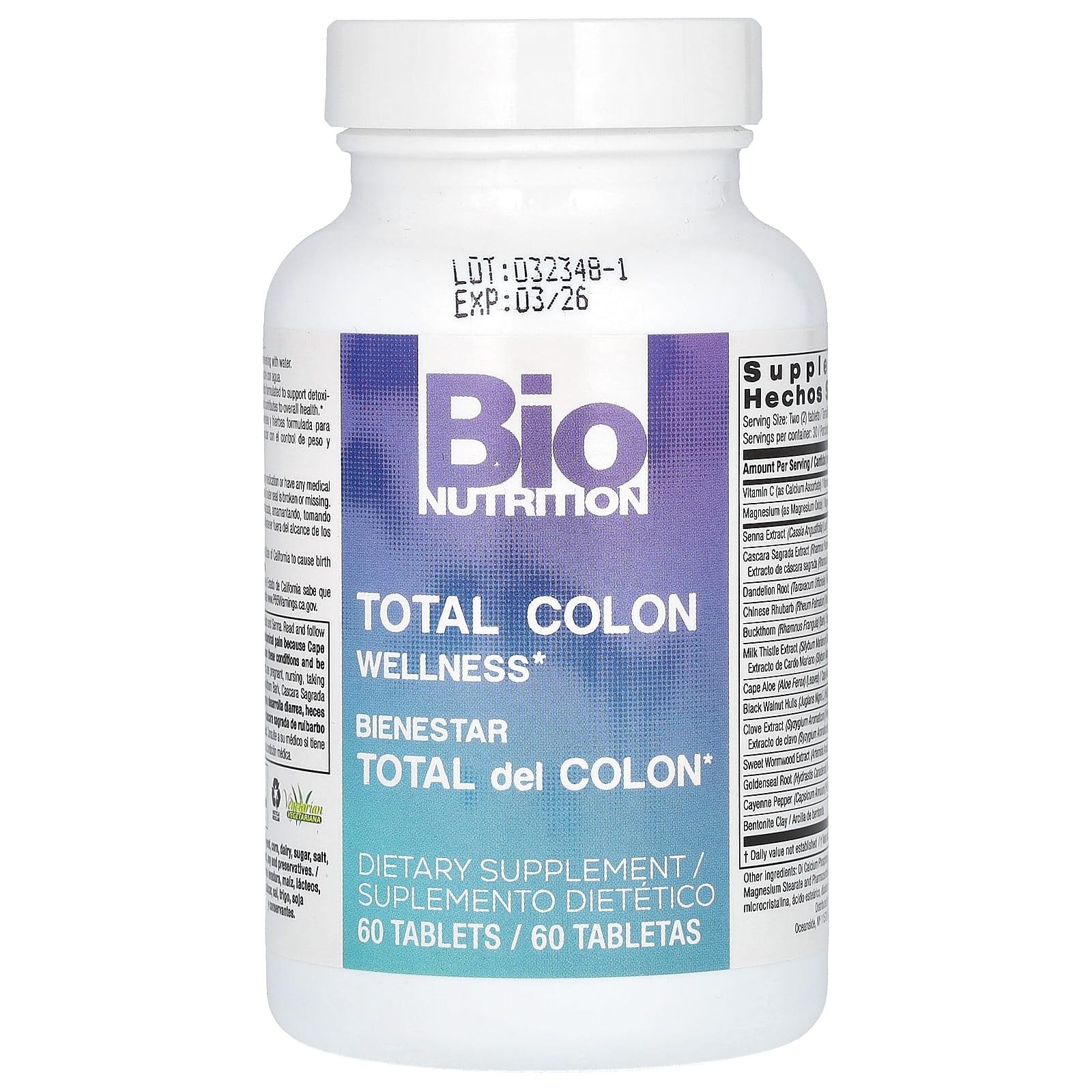 Bio Nutrition Total Colon Wellness supplement back label with nutrition facts and serving info