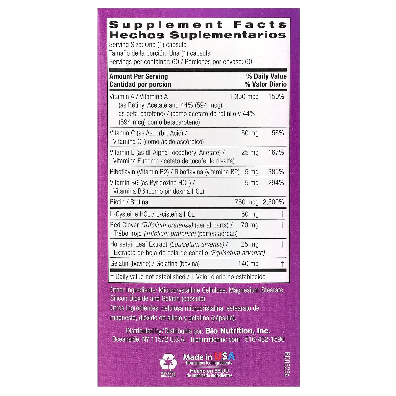 Bio Nutrition Hair Skin Nails capsules side panel highlighting key beauty nutrition ingredients