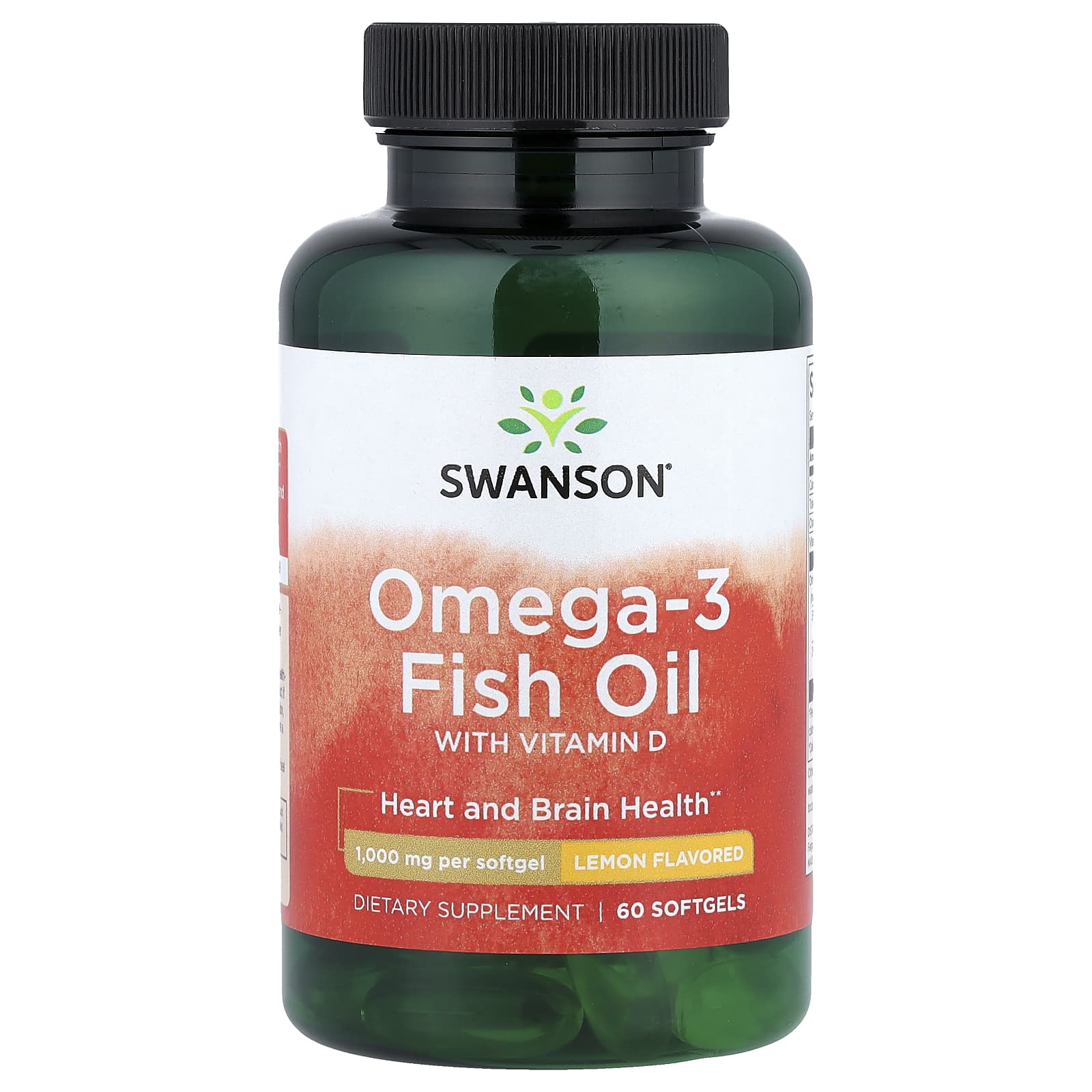 Swanson Omega-3 Fish Oil with Vitamin D lemon flavor 60 softgels front bottle view