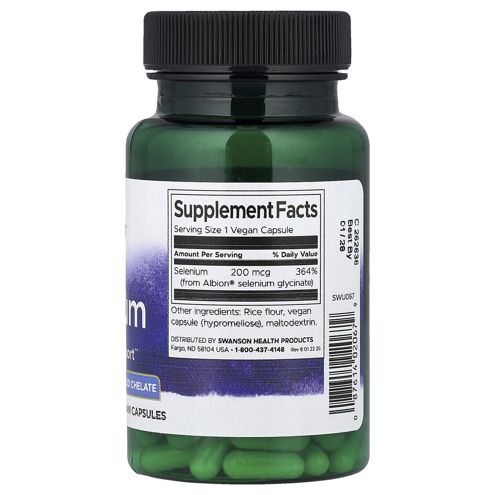 Swanson Albion Selenium vegan capsules supplement facts panel with dosage details