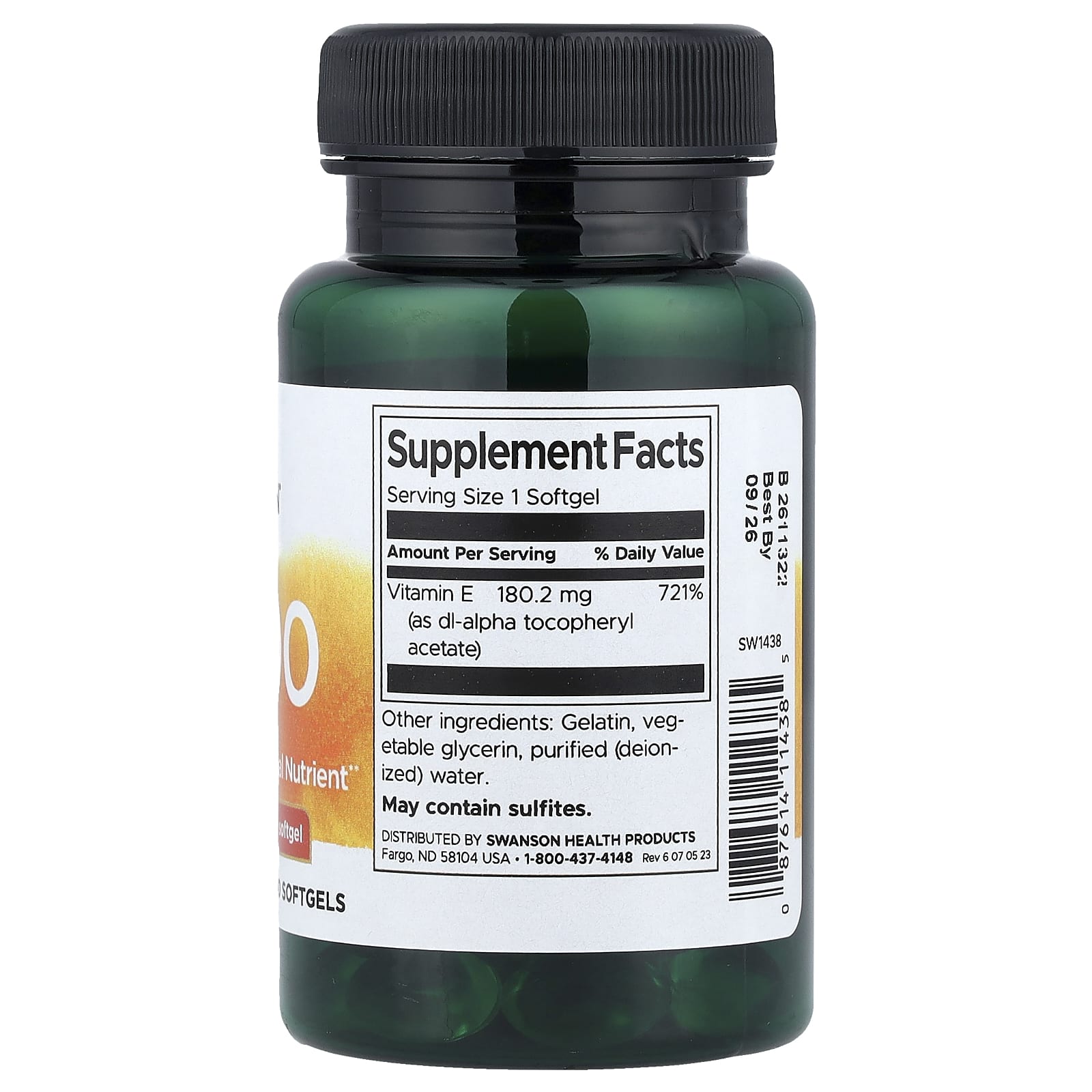 Swanson Vitamin E-400 softgels supplement facts label showing tocopherol dosage details