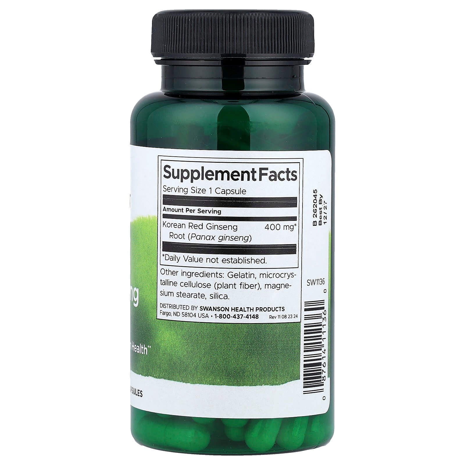 Swanson Korean Red Ginseng Root capsules back label with supplement facts and serving info