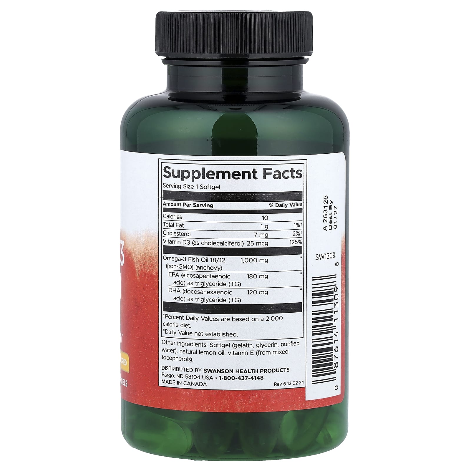 Swanson Omega-3 Fish Oil Vitamin D softgels back label with nutrition facts and ingredients