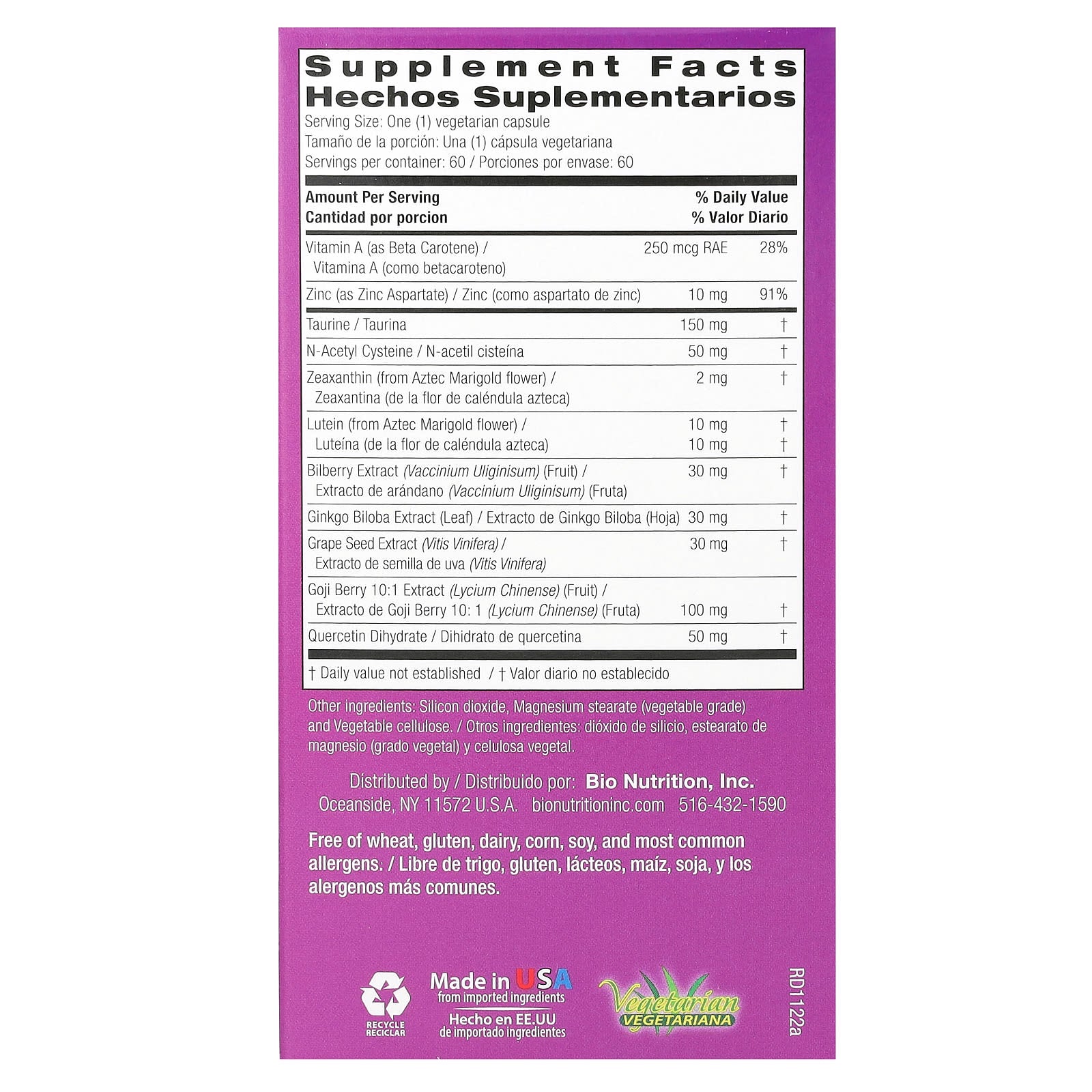 Bio Nutrition Eye Wellness Zeaxanthin capsules side panel showing key ingredients and benefits