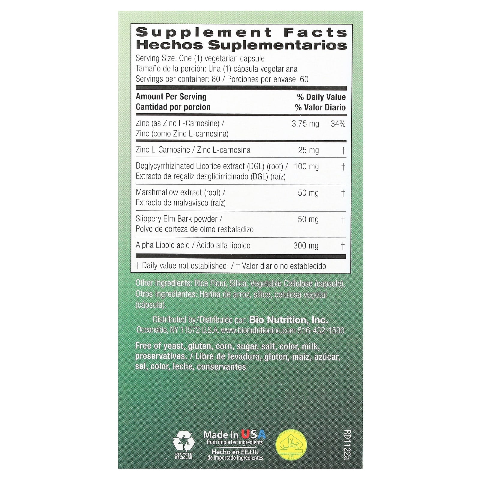 Bio Nutrition Stomach Wellness capsules side panel detailing digestive health ingredients