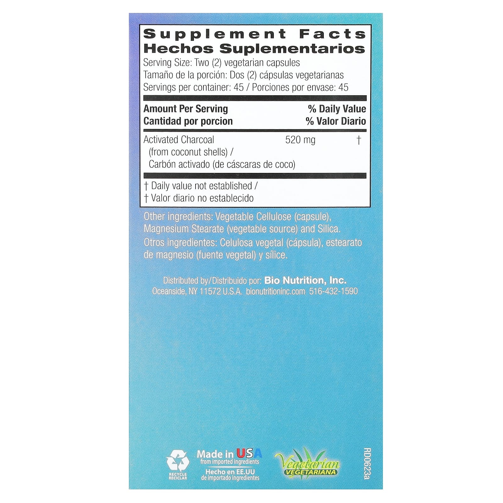 Bio Nutrition Activated Coconut Charcoal supplement capsules side view with product details