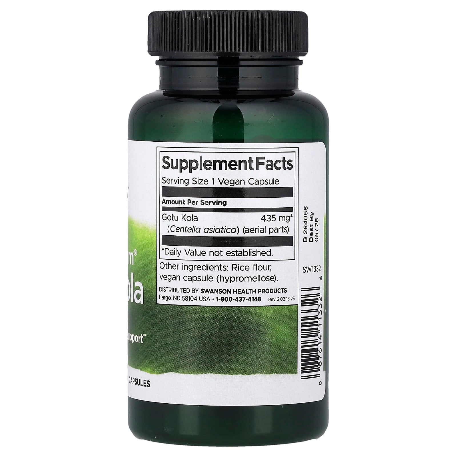 Swanson Gotu Kola herbal capsules back label with supplement facts and dosage info