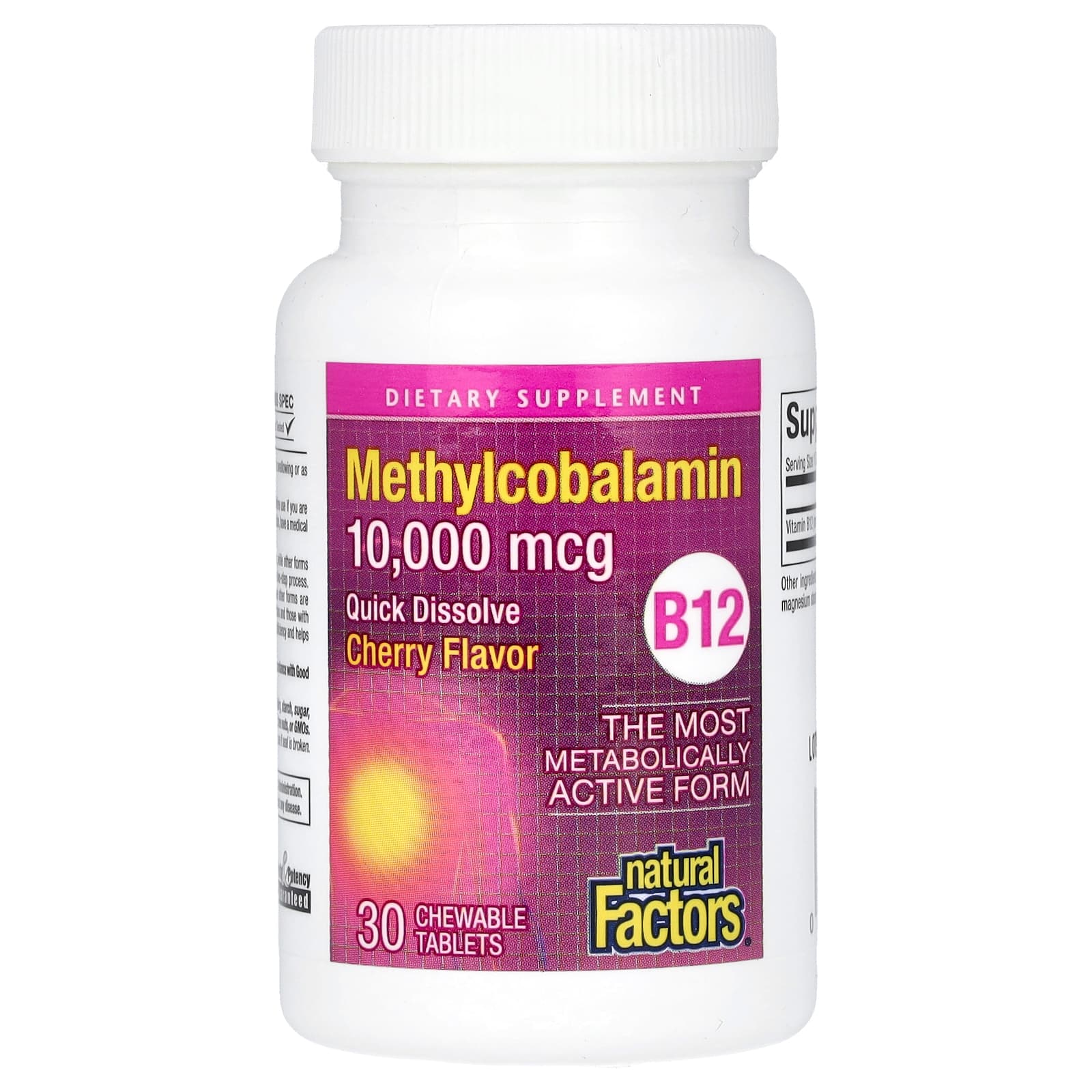 Natural Factors B12 Methylcobalamin Cherry 10000 mcg supplement facts label and ingredients
