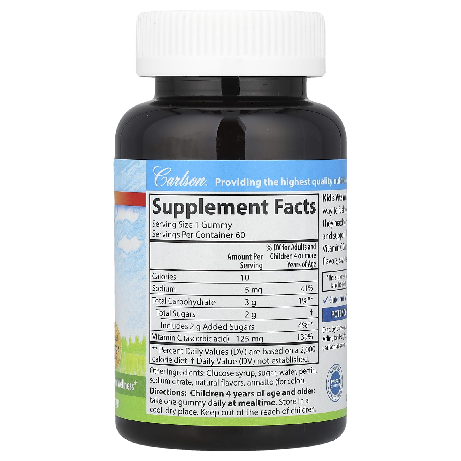 Carlson Kids Vitamin C Orange gummies supplement facts label showing nutrients per serving
