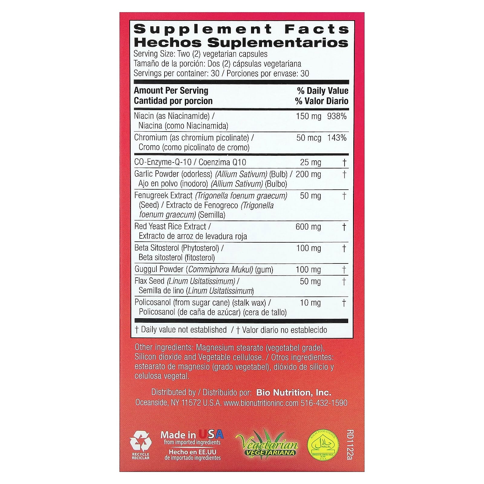 Bio Nutrition Cholesterol Wellness supplement facts panel with heart health ingredient details