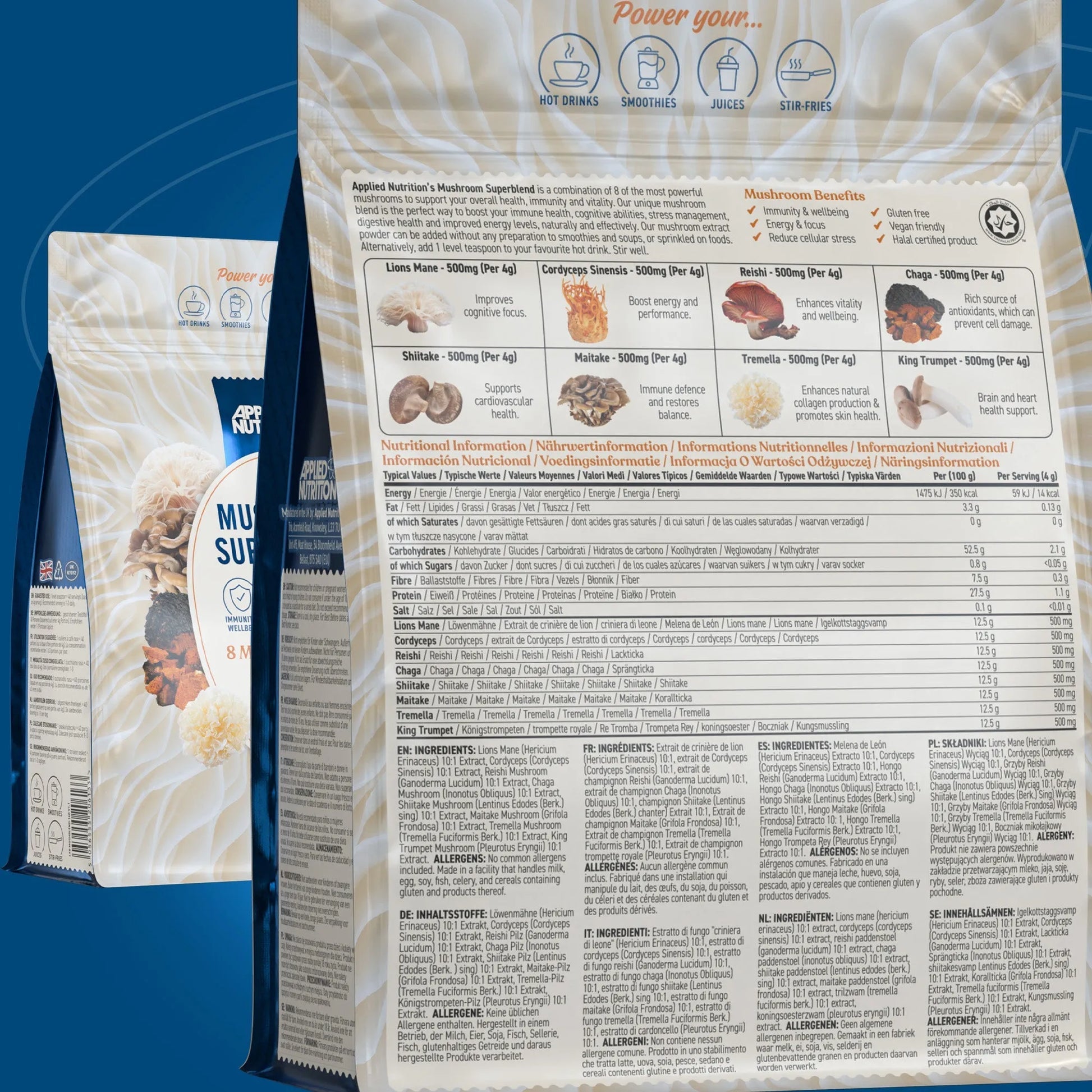 Applied Nutrition Mushroom Superblend 160g 3D rendered packaging view, adaptogenic mushroom supplement
