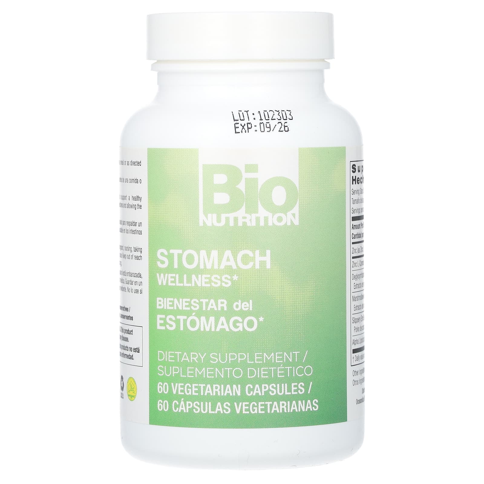 Bio Nutrition Stomach Wellness vegetarian capsules back label with supplement facts and usage