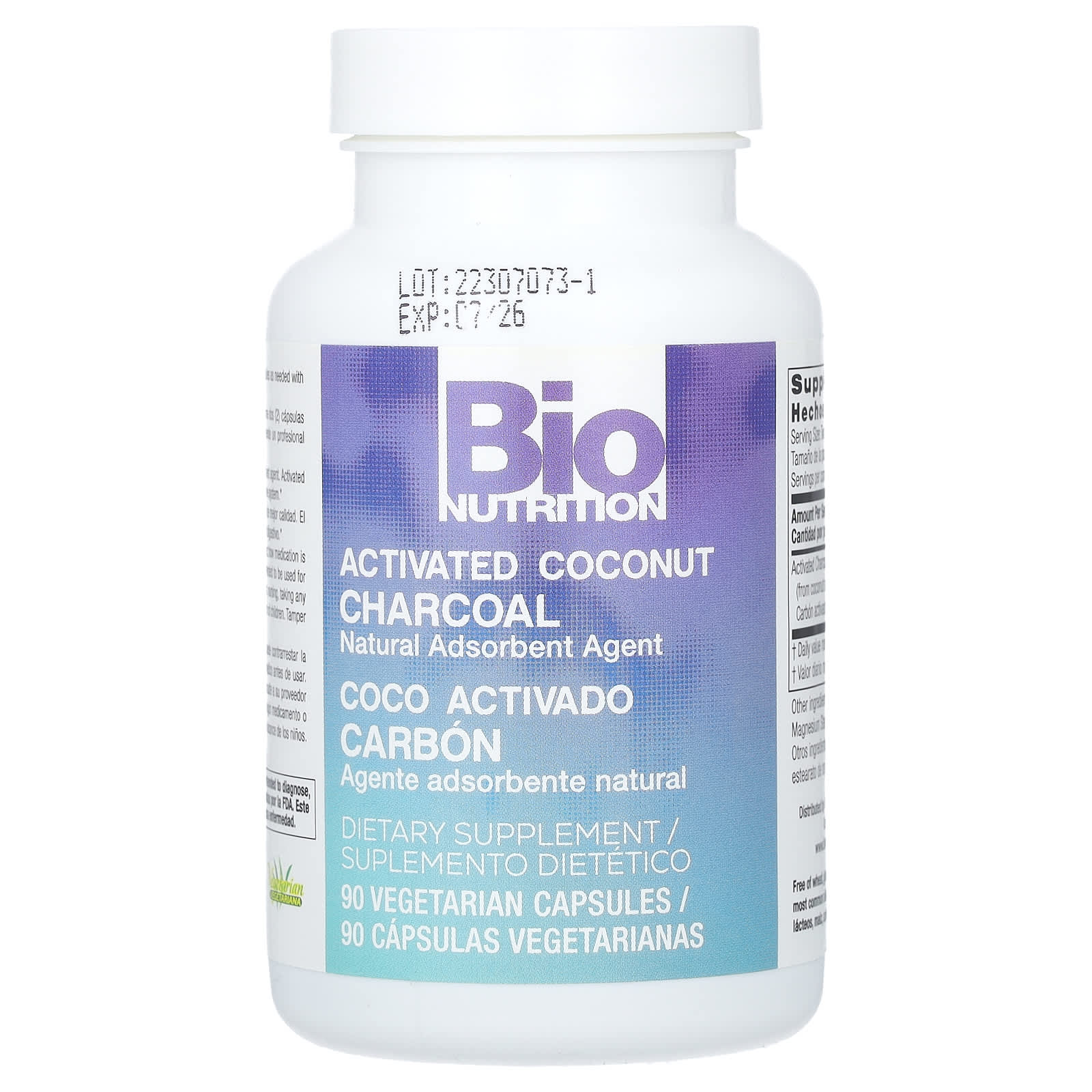 Bio Nutrition Activated Coconut Charcoal 90 capsules back label showing supplement facts info