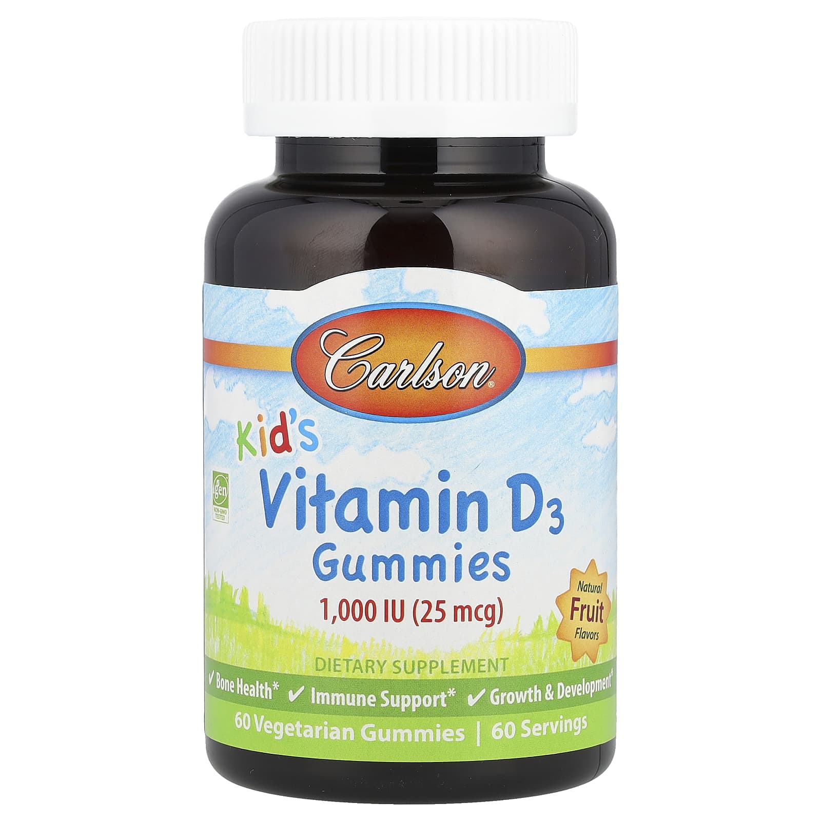 Carlson Kids Vitamin D3 Gummies Natural Fruit 1000 IU 60 vegetarian gummies front packaging