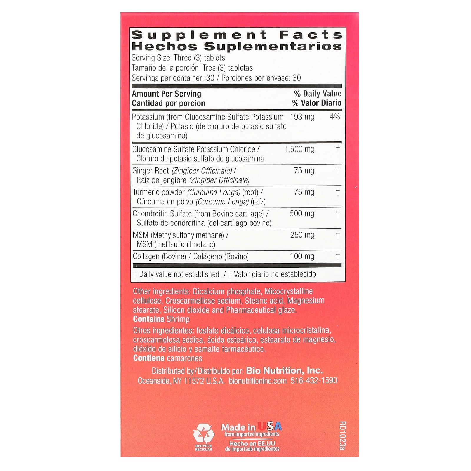 Bio Nutrition joint support supplement with glucosamine and turmeric, detailed product panel