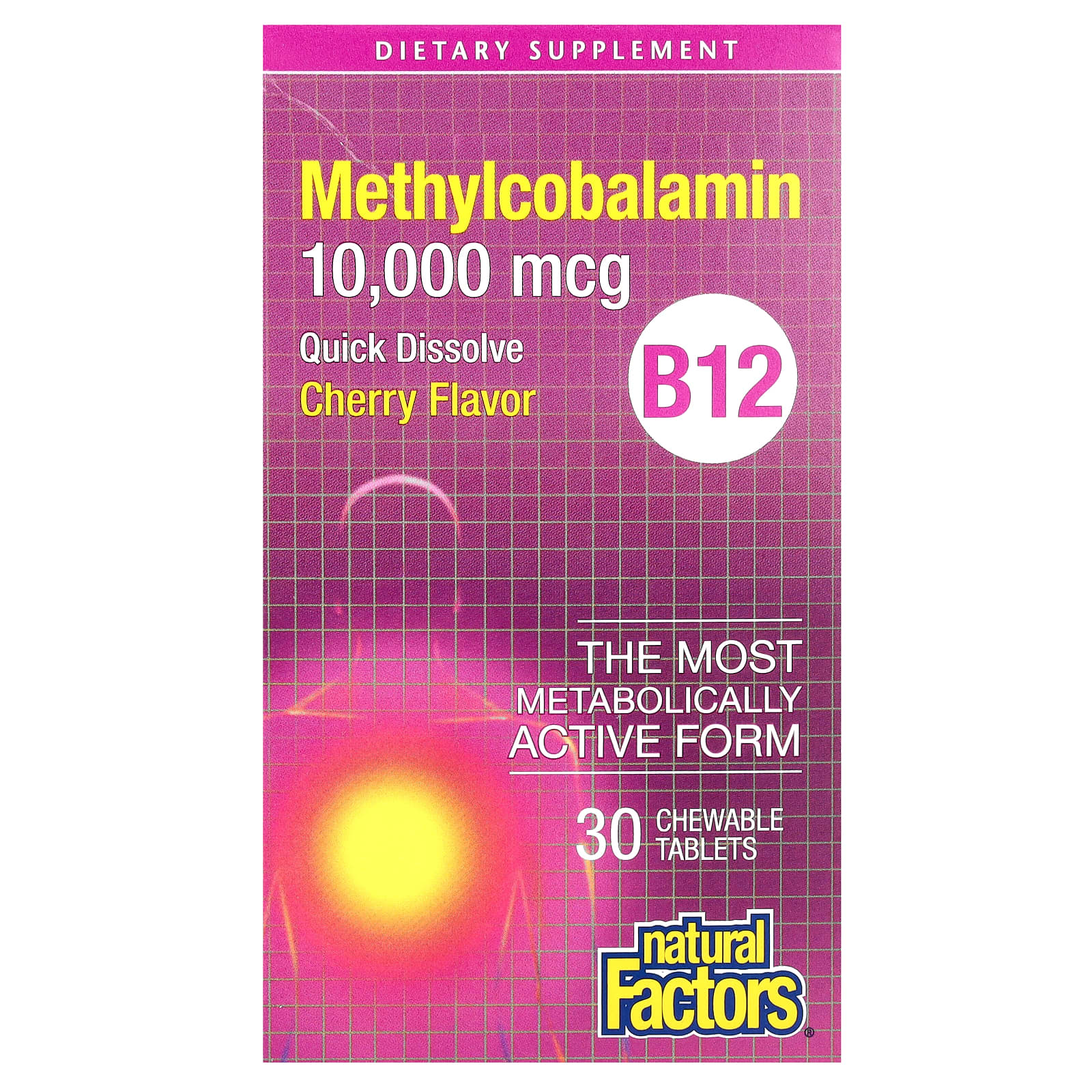 Natural Factors B12 Methylcobalamin Cherry flavor 10000 mcg 30 chewable tablets front view