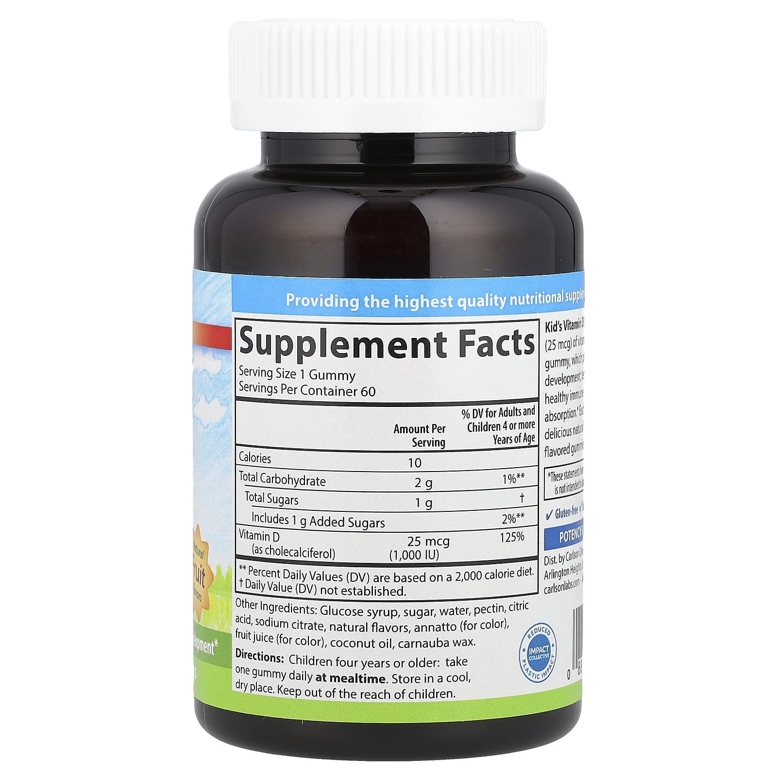 Carlson Kids Vitamin D3 gummies supplement facts label with serving size and nutrient details