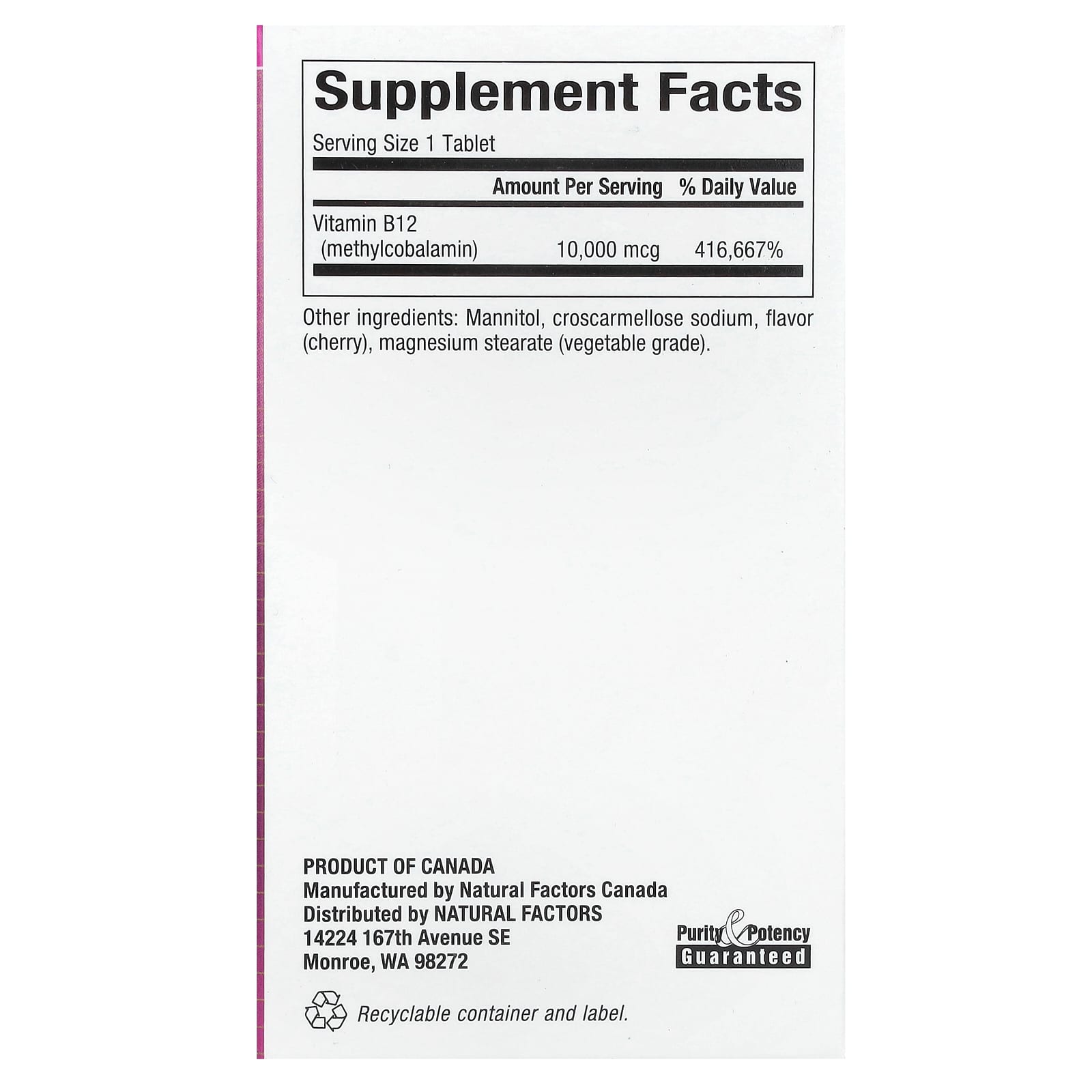 Natural Factors Methylcobalamin B12 chewable tablets side panel with dosage and usage details