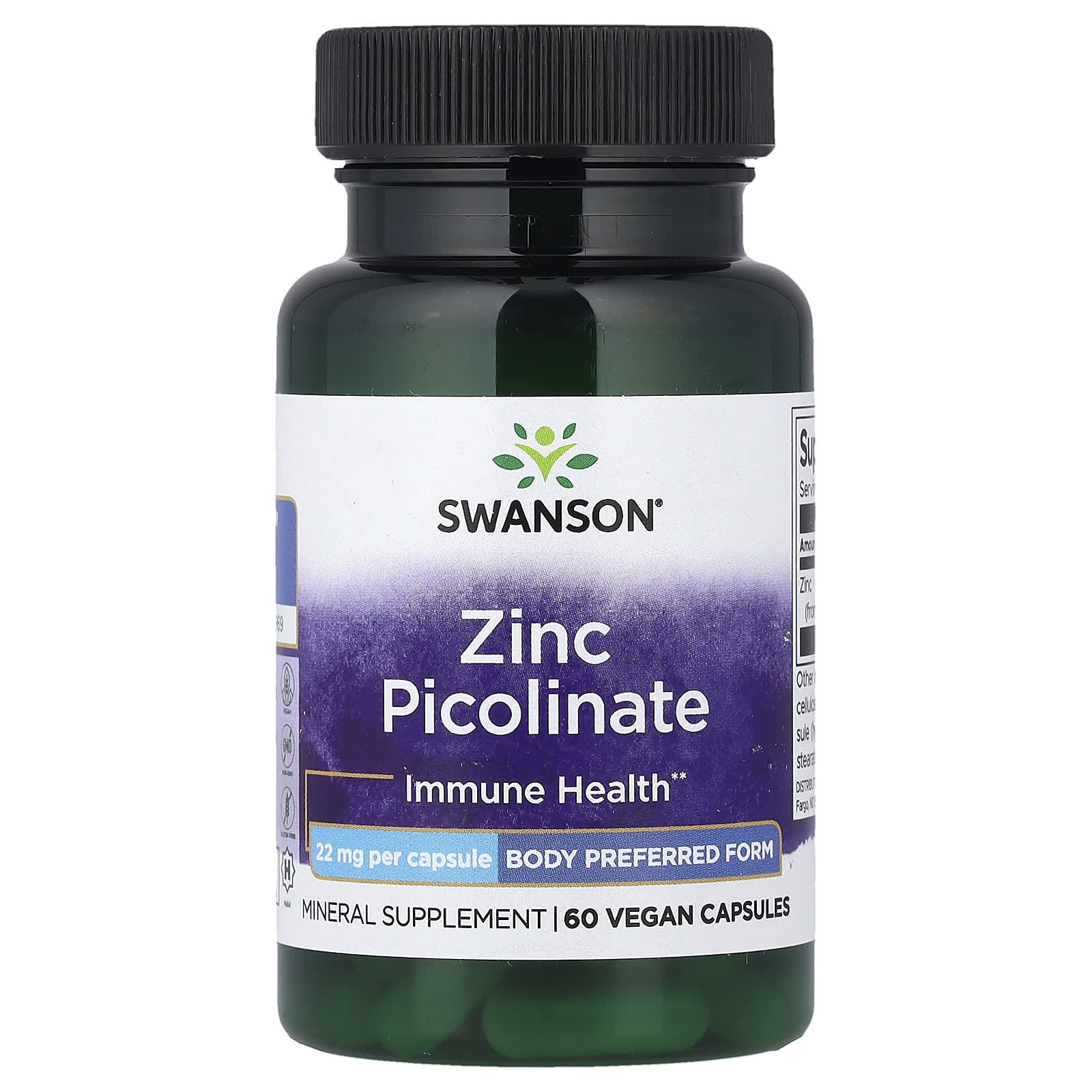 Swanson Zinc Picolinate 22mg vegan capsules 60 count supplement bottle front view